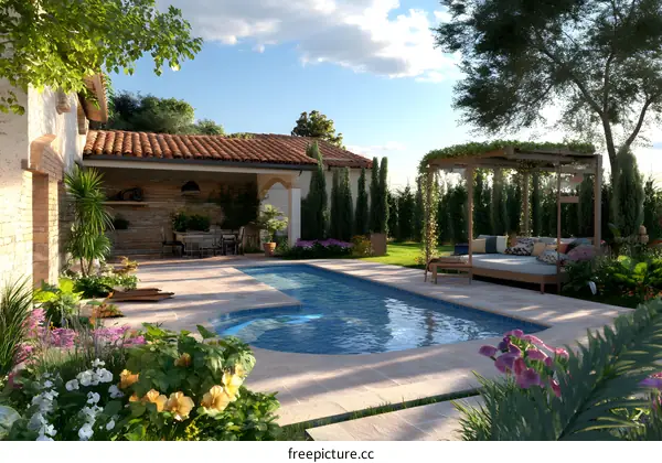 Luxury Villa Backyard with Swimming Pool and Pergola