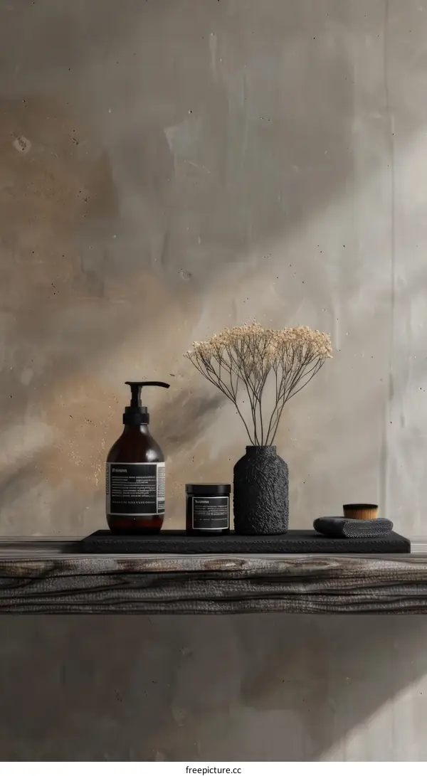 Dried flowers and cosmetic products on a wooden shelf against a brown background