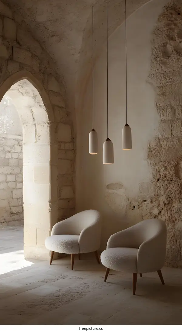 Minimalist Interior Design with White Armchairs and Pendant Lights in a Stone Room