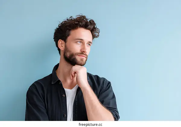 Thoughtful Caucasian Man Portrait Against Light Blue Background