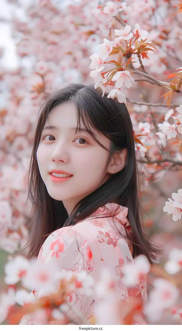 Young Woman Standing in a Field of Blooming Cherry Blossoms