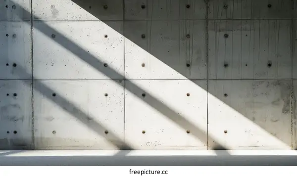 Sunlight and shadows on a concrete wall with a geometric pattern of holes