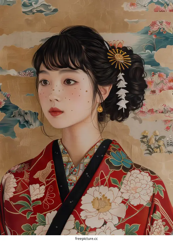 Portrait of a young Japanese woman in traditional kimono