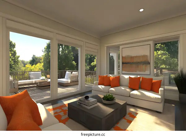 Modern Living Room Interior Design with Orange Pillows and Abstract Painting