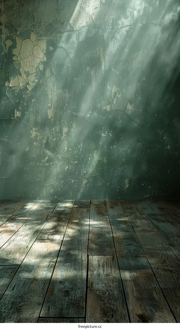 Grunge wall with rays of light shining onto a wooden floor