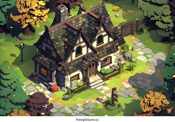 Autumn Cottage Illustration With Stone Pathway And Trees
