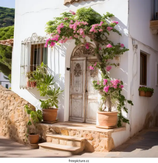 Mediterranean House with Bougainvillea-Covered Entrance