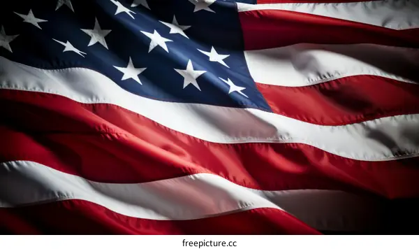 A waving American flag against a dark background