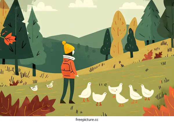 Girl Walking in Autumn Forest with Birds