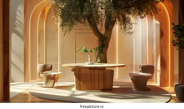 An illustration of a tree in a room with two chairs and a table