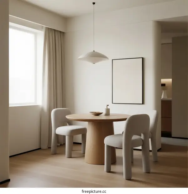 Minimalist Dining Room with Round Wooden Table and Soft Light