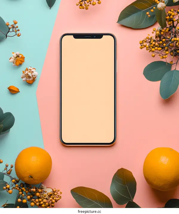 Flat Lay Smartphone Mockup with Oranges and Flowers