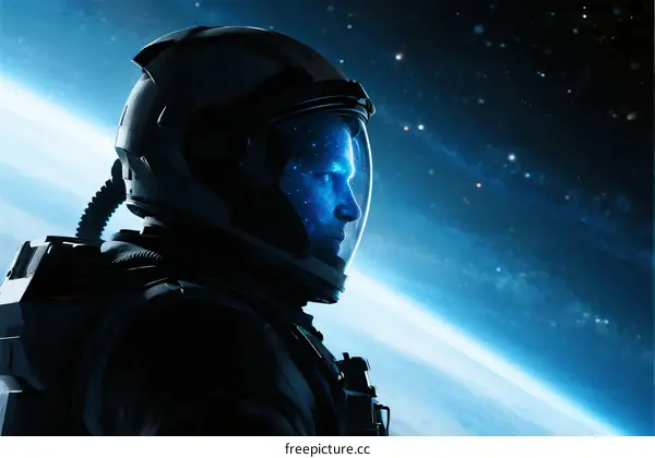 Astronaut in space with glowing helmet and Earth background