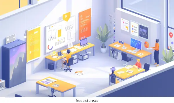 Isometric illustration of a workplace with three people working