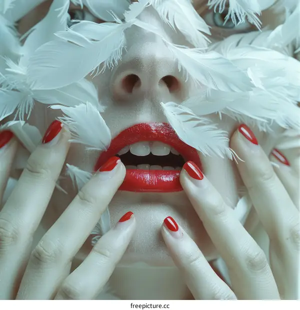 A woman with red lips and white feathers on her face