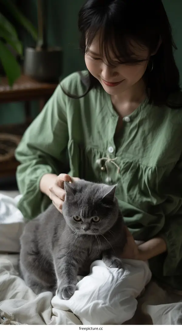A young woman is sitting on a bed with a gray cat
