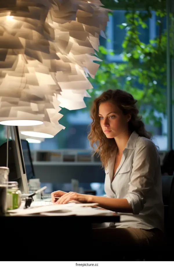 Woman working at a desk in a modern office