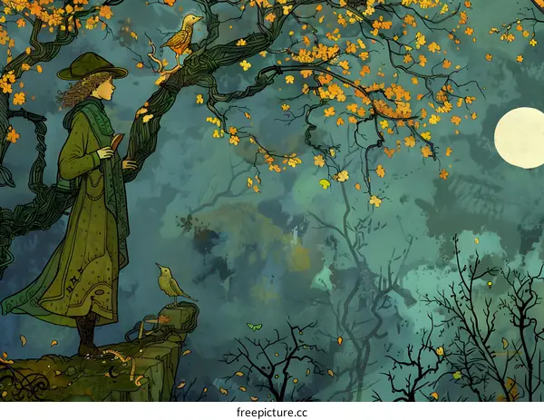 Girl in Forest with Birds and Moon