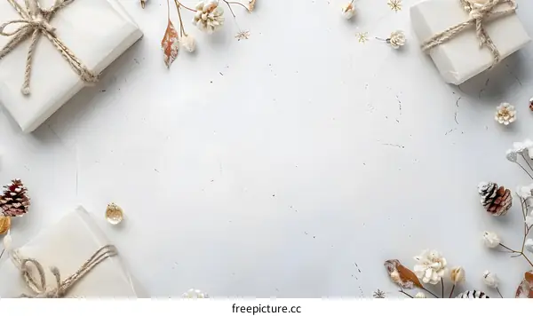 White Background with Gift Boxes and Holiday Decorations