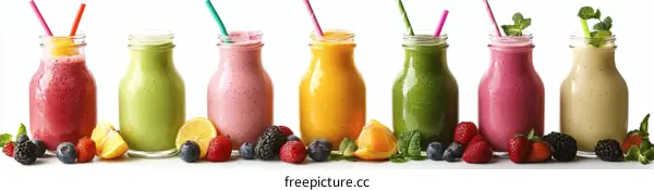 Assortment of Colorful Fruit Smoothies in Glass Bottles