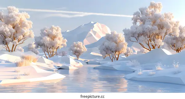 3D illustration of a winter landscape with snow-covered trees and mountains in the background