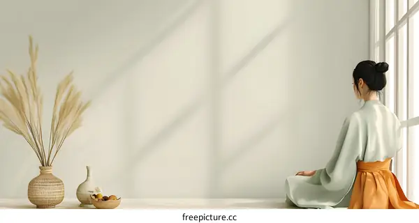 Woman in Traditional Asian Clothing Sitting by Window