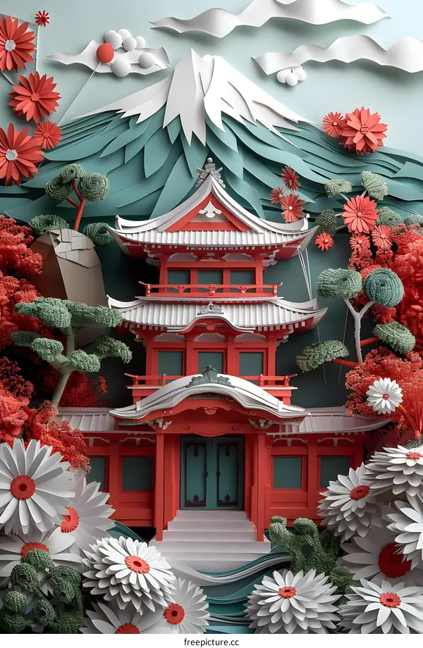 A paper cut illustration of a traditional Japanese temple with red accents set against a backdrop of Mount Fuji and cherry blossoms.