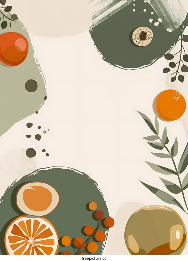 Abstract Orange Fruit Illustration with Green Leaves and Beige Background