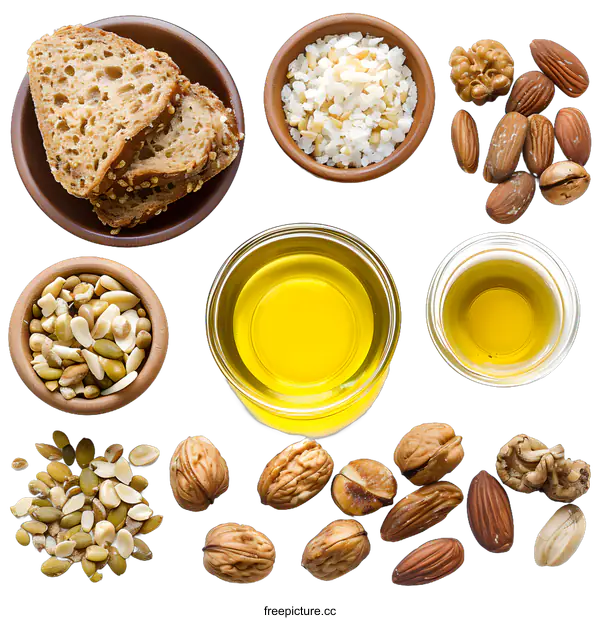 [Transparent Background PNG]Various Nuts, Seeds, Bread, Salt, and Oil on White Background