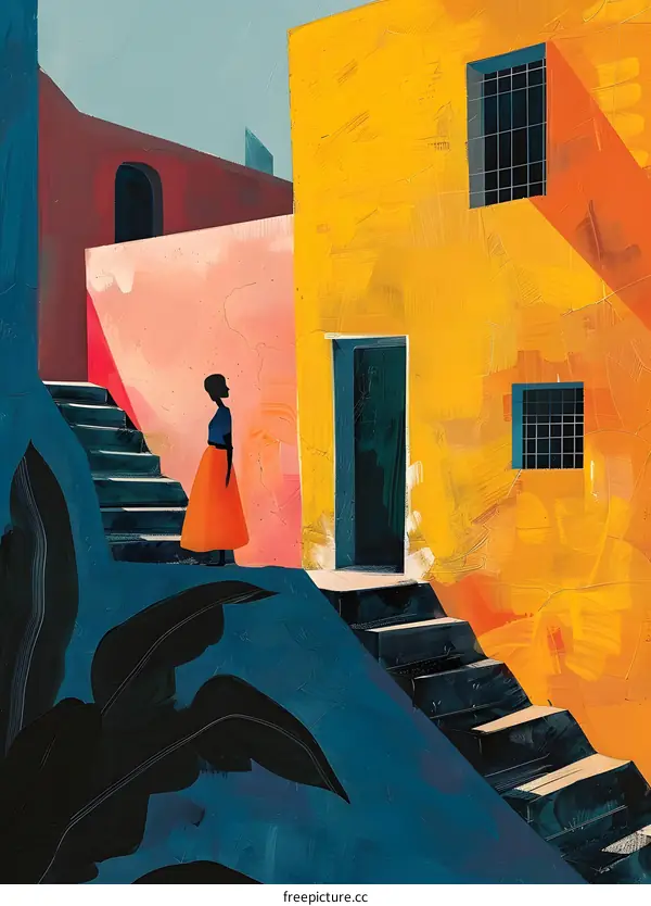 A painting of a woman standing on a colorful staircase