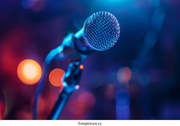 Close-up of a microphone on stage with blue and red lights in the background