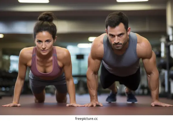 A man and a woman doing push-ups in a gym