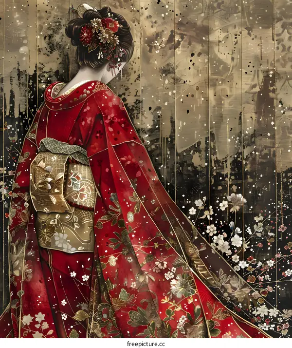 A woman in a red kimono with a floral pattern and a white obi standing in front of a gold background