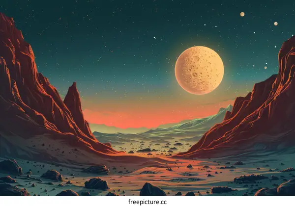 An illustration of a rocky moon landscape with a large moon in the sky