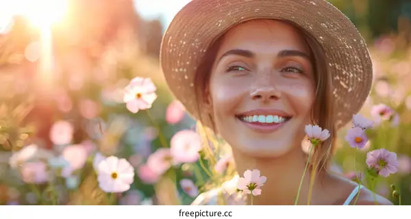 Portrait of a smiling young woman in a straw hat standing in a field of flowers