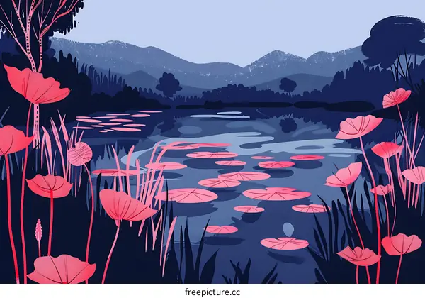 Water Lily Landscape With Mountains