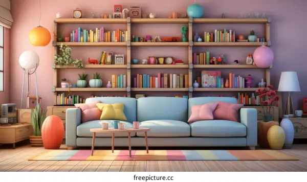 A living room with a large bookshelf, a sofa, and a coffee table
