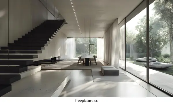 Modern Minimalist Interior Design with Concrete Walls and Large Windows