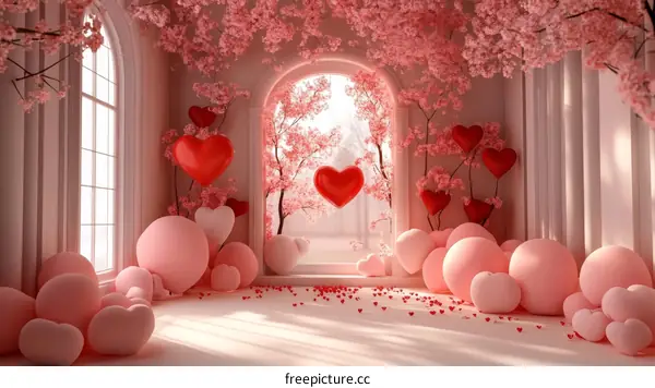 Romantic Valentines Day Interior Scene with Heart Shaped Decorations