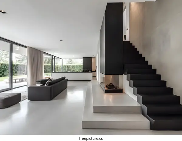 Modern Living Room Interior Design with Black Fireplace and Stairs