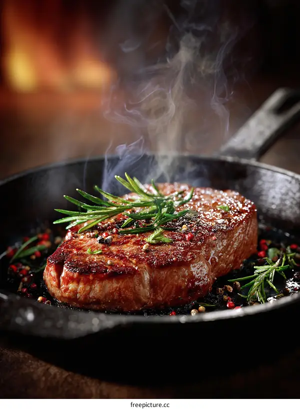 Deliciously Sizzling Steak in Cast Iron Pan