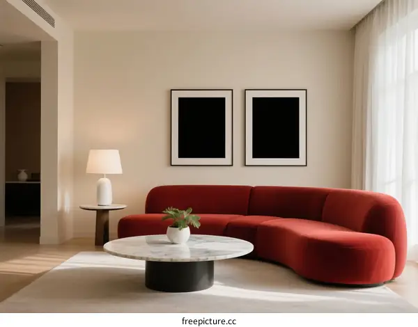 Modern Living Room with Red Curved Sofa and Round Coffee Table