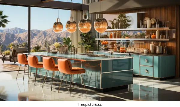 Retrofuturistic interior design of a luxury house with a view of the mountains
