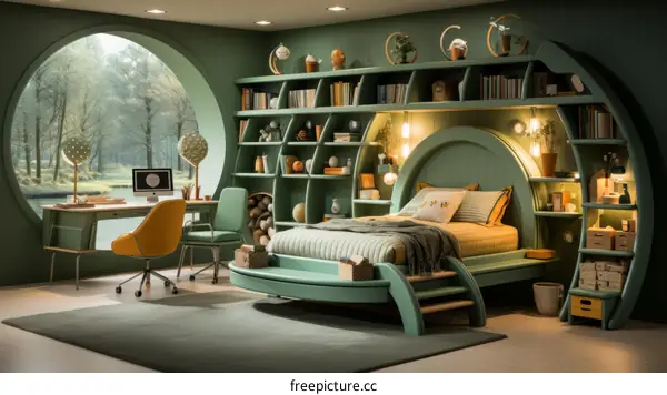 Cozy Bedroom with Green Bed and Big Window