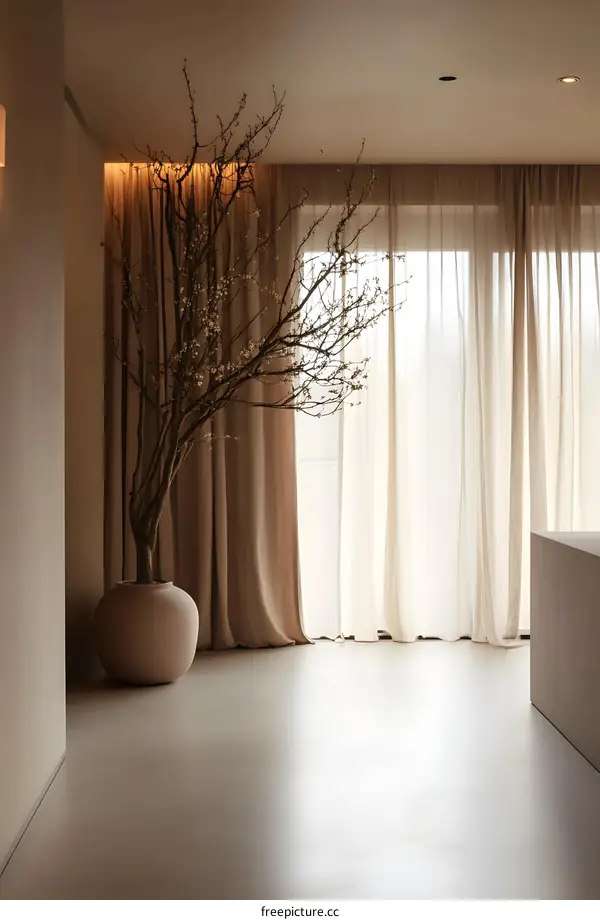 Minimalist Interior Design with a Branch and White Curtains