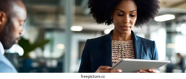 African American Businesswoman Using Tablet in Office Setting