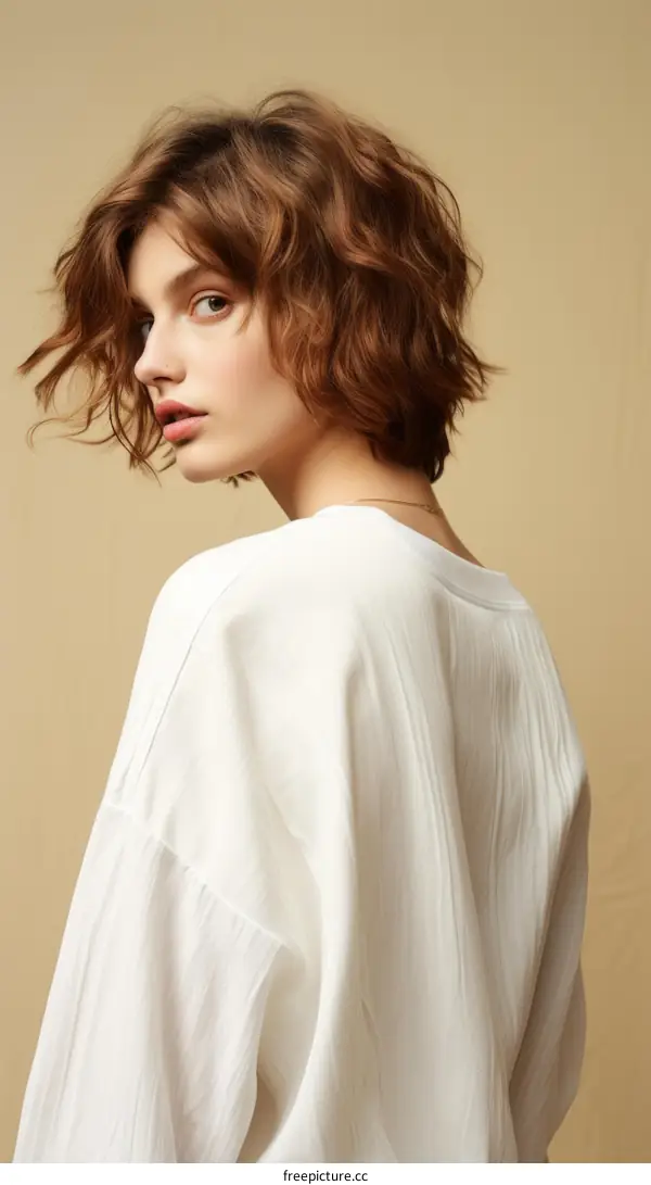 Portrait of a young woman with short brown hair wearing a white shirt