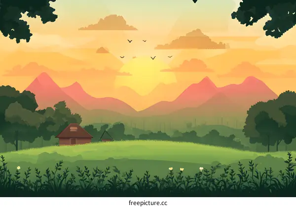 Beautiful Sunset Landscape Illustration with Mountains and a Cabin