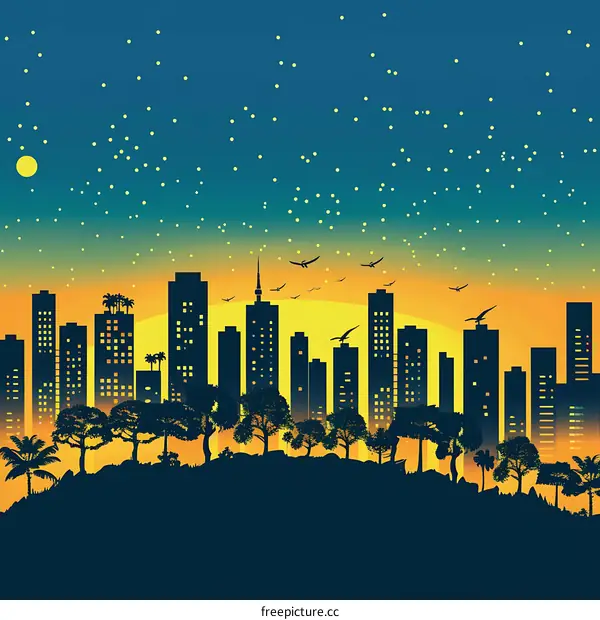 Silhouette City Skyline with Sunset and Stars