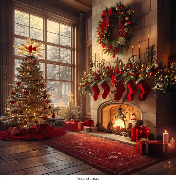 Cozy Christmas Tree by the Fireplace